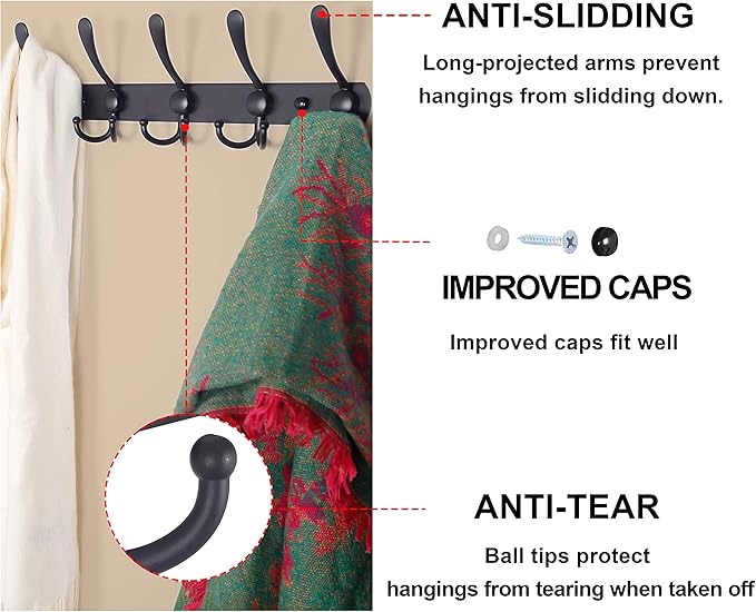 Dseap Coat Rack Wall Mounted - 5 Tri Hooks, Heavy Duty, Stainless Steel, Metal Coat Hook Rail for Coat Hat Towel Purse Robes Mudroom Bathroom Entryway (Black, 2 Packs)