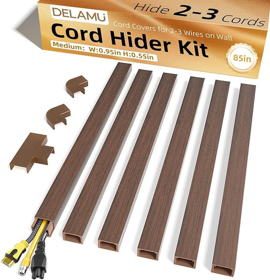 Delamu Cord Hider, 85in Cord Covers for 2-3 Wires on Wall, Self-Adhesive Cable Hider, PVC Wire Hiders Wire Covers for TV Cords on Wall, Easy Mount Cable Cover Raceway Kit, W0.95 H0.55in, Cherrywood