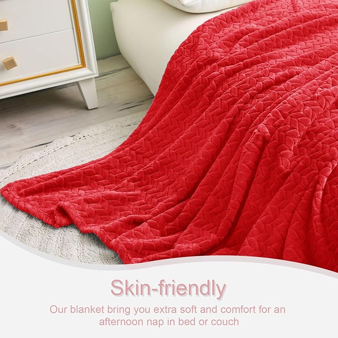 Exclusivo Mezcla Fleece Twin Size Blanket for Bed, 90x66 Inches Soft Cozy Jacquard Flannel Blankets, Lightweight Fuzzy Plush Warm for Winter, Red