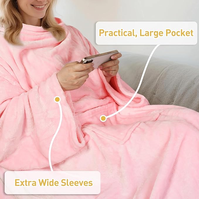 Catalonia Pink Wearable Fleece Blanket with Sleeves and Foot Pockets for Adult Women Men, Micro Plush Comfy Wrap Sleeved Throw Blanket Robe