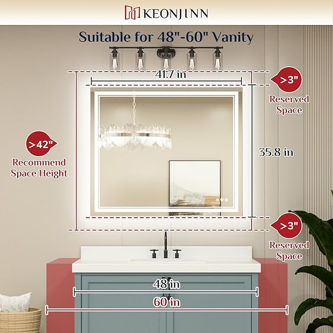 Keonjinn Large Bathroom Mirror with Light, 42 x 36 Inch LED Mirror for Bathoom, Frontlit Only, HD Tempered Glass, UL-Listed LED Driver, Anti-Fog, Dimmale 6000K, Easy Installation(Horizontal/Vertical)