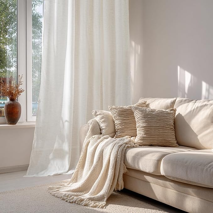 RYB HOME Linen Sheer Curtains Extra Long Window Drapes Light & Airy Translucent Panels for Bedroom Living Room, Office, Nursery, Rod Pocket Back Tab, Ivory, W 52 x L 102 inch, Set of 2