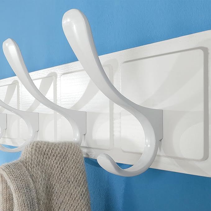 SKOLOO Coat Rack Wall Mount - Scandi-Style Wooden Carved-Block Coat Hook, Wall Coat Hanger with 6 Hooks for Hanging Coats, Hats, Clothing, Scarfs, White