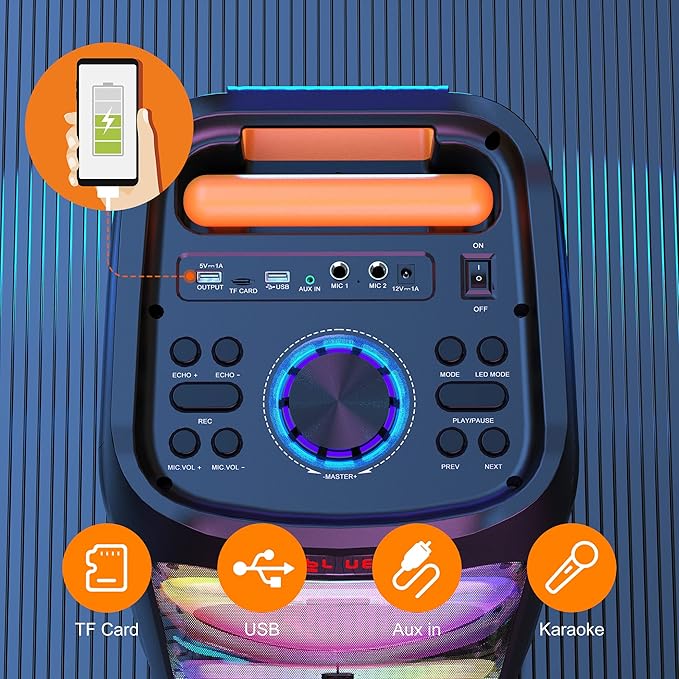 JYX Karaoke Machine with 2 Wireless Microphones for Adults, 8" Big Bluetooth Party Speaker with 500W Peak Power, PA System with LED Disco Light, Rolling Wheels and Trolley, Perfect for Outdoor Home