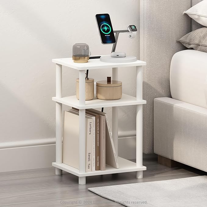 Furinno JUST Night Stand, 3-Tier Turn-N-Tube Nightstand with Charging Station, Bedside Table, End Table, Side Table with USB and Type-C Charging Port, for Bedroom, Living Room, White