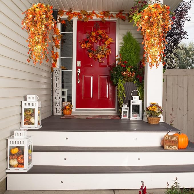 Fall Artificial Flowers - Faux Hanging Plants with Lights for Thanksgiving Indoor/Outdoor Wedding & Garden Party (Salmon)