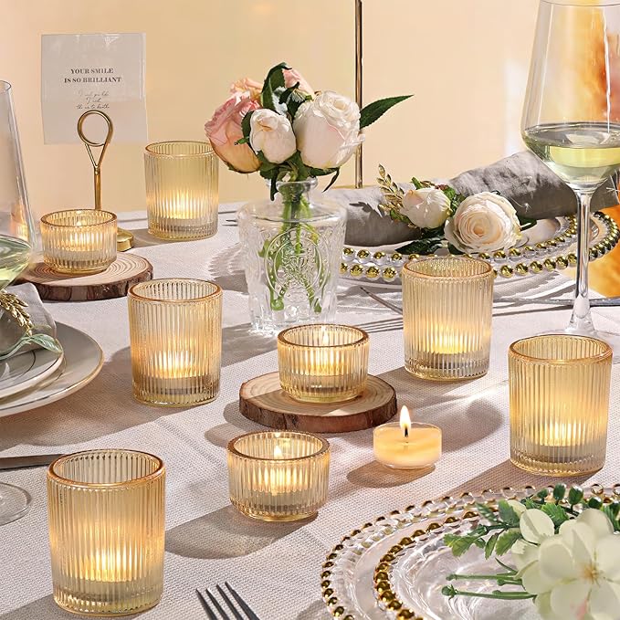 20pcs Ribbed Gold Votive Candle Holders, Assorted Tea Light Candle Holder Glass for Wedding Table Decor, Gold Candle Holders for Table Centerpieces, Diwali, Brithday, Party and Holiday Decor