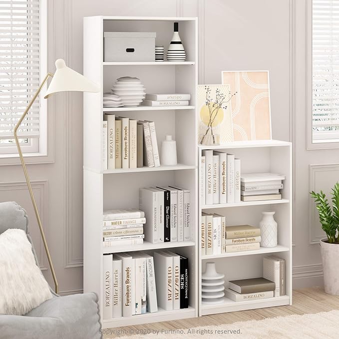 Furinno JAYA Book Shelf, 3-Tier Bookshelf, Bookcase with Adjustable Shelves, 9.5 x 24.5 x 40.3, for Living Room, Bedroom, Home Office, White