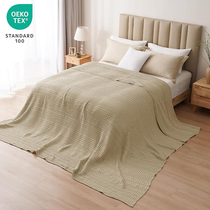 PHF 100% Cotton Waffle Blanket Oversized King 120"x120", Lightweight Breathable Extra Large 10'x10' Blankets for Bed, Giant Big Luxury Aesthetic Woven Bedding for Home Decor, Khaki