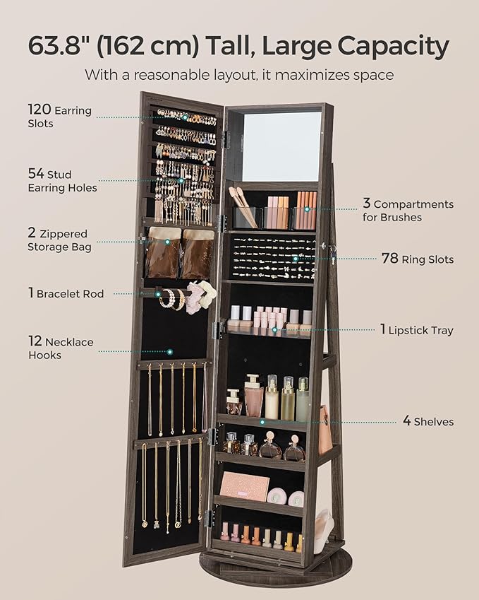 SONGMICS 360° Swivel Jewelry Cabinet, Lockable Jewelry Organizer with Full-Length Mirror, Rear Storage Shelves, Interior Mirror, Jewelry Armoire, Christmas Gifts for Women, Ash Brown UJJC006K02