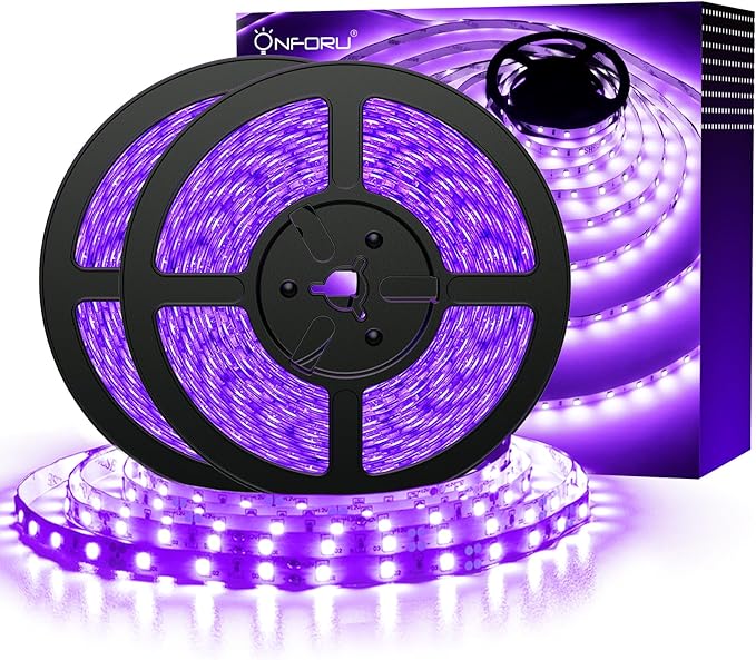 Onforu 65.6ft LED Black Light Strip, 1200 Units Lamp Beads, 12V Flexible Blacklight Fixtures, 20m LED Ribbon, Non-Waterproof Black Lights for Glow Party, Indoor Birthday Halloween Party, Body Paint
