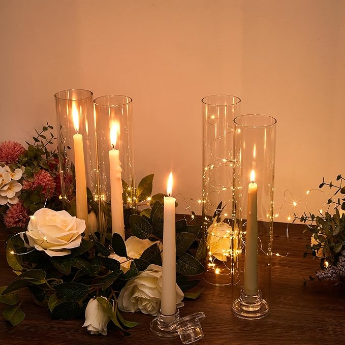 12 Set Glass Hurricane Candle Holders 11.8" Open Ended Glass Candleholder Tube Shape Bottomless and 1.26" Taper Clear Candlestick Holders for Wedding Party Table Centerpiece
