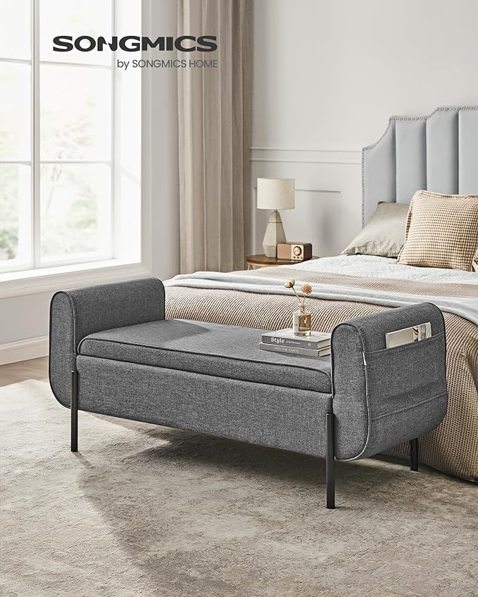 SONGMICS Storage Bench with Armrests, Ottoman for Living Room, Bedroom, Entryway, Steel Legs, Dark Gray ULOM072G01