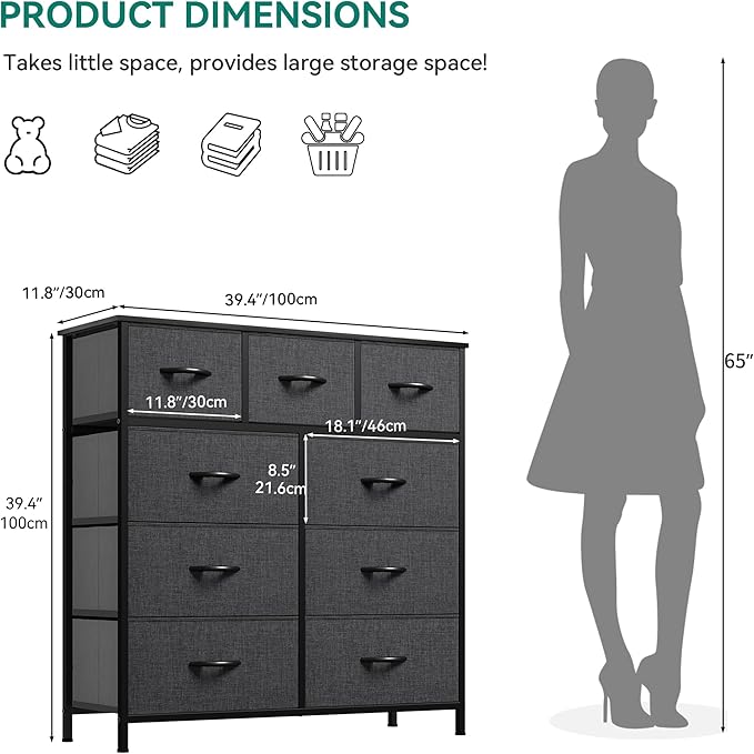 YITAHOME 9 Drawers Fabric Dresser - Storage Tower Organizer Unit for Living Room, Closets - Sturdy Steel Frame, Wooden Top & Easy Pull Fabric Bins