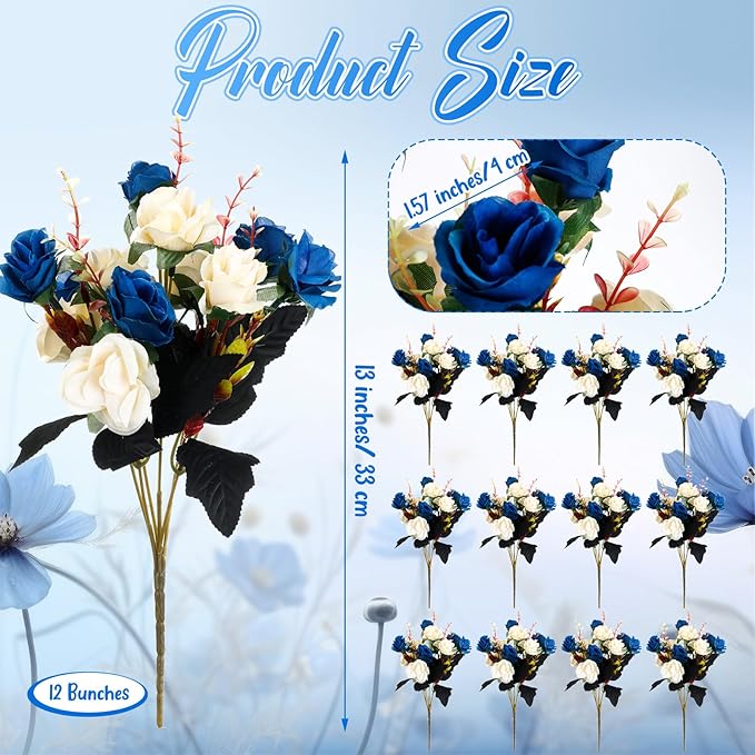 Hotop 12 Bunches of Artificial Flowers Centerpiece 13 Inches Silk Faux Roses Bouquets for Table Decoration Realistic Bouquet Arrangement Boho Faux Flowers for Wedding (Dark Blue)