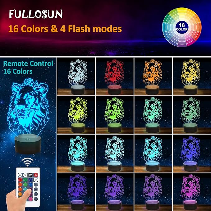 FULLOSUN Lion Night Light, King Lion Gift 3D Illusion Lamp for Kids Bedside Lamp with Remote Control 16 Color Changing Xmas Halloween Birthday Gift Cool Room Decor for Child Baby Boy