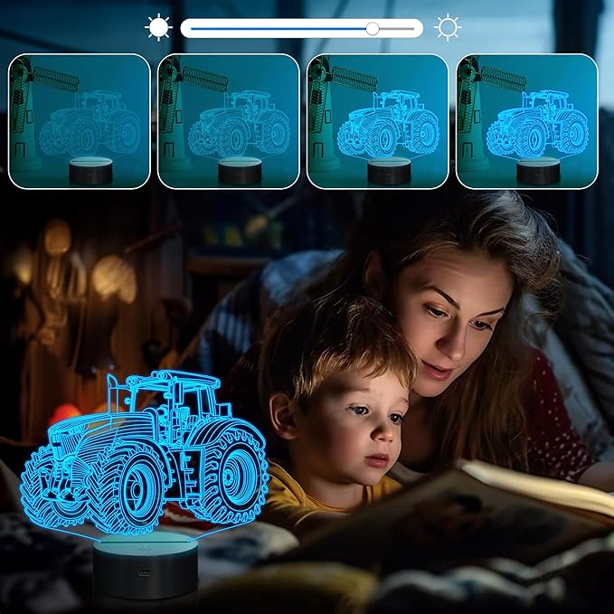 Attivolife Tractor 3D Illusion Night Lamp, 16 Color Changing Dimmable Hologram Lighting, Timer Toy USB Charge Table Desk Bedroom Decoration Creative Gift for Kid Boy with Remote Control
