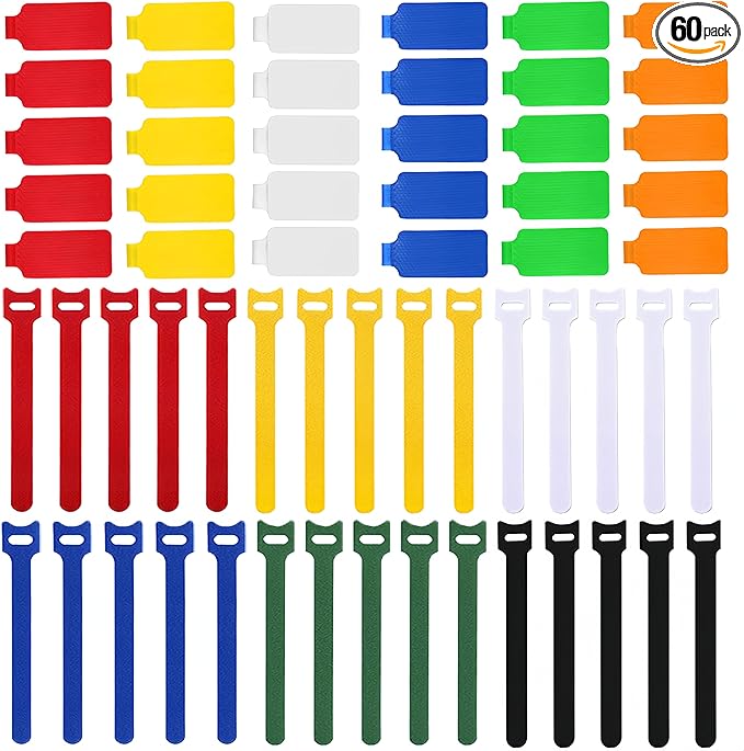 60 Pack Reusable Color-Coded Write-On Cable Labels & Cord Organizer Kit with 30 Labels to Label Cords + 30 Ties for Home Office Electronics Cord Management