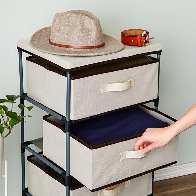 Juvale 4-Tier Dresser for Bedroom - 16.5 in L x 13 in W x 33 in H, Beige, Metal & Fabric - Freestanding Closet Organizer with Fabric Storage Drawers - Narrow Dresser & Cabinet with Drawers