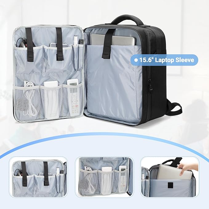 LUXJA Projector Backpack with 15.6 Inch Laptop Sleeve, Projector Bag with 2 Large Compartments (Compatible with Most Major Projectors), Black