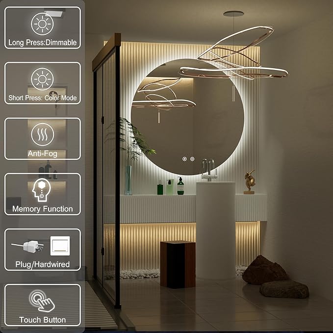 32 Inch Round LED Mirror for Bathroom, Backlit Vanity Round Bathroom Mirror with Lights, LED Lighted, Dimmable, Anti-Fog, Touch, 3000K/4500K/6000K