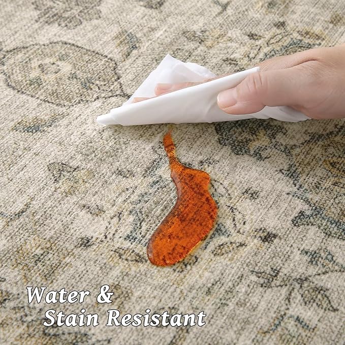 Washable 4x6 Rugs for Living Room, Boho Non-Slip Silicone Backing Small Rugs for Bedroom Nursery Office, 0.3" Neutral Oriental Throw Carpet with 0.16" Cushioning Pad, Light Brown/Multi