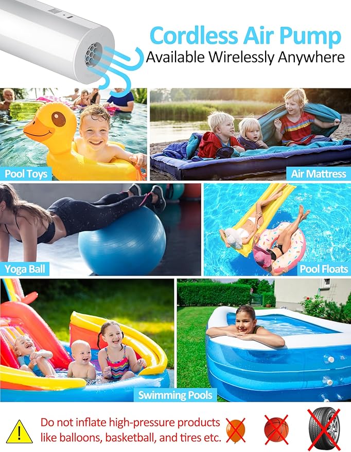 Electric Air Pump for Inflatables- 2×2000mAH Rechargeable Battery Powered Air Mattress Pump- Cordless Portable Air Pump, Quick-Fill Inflator Pump for Camping Air Mattress Bed, Pool Floats Toys, Boats