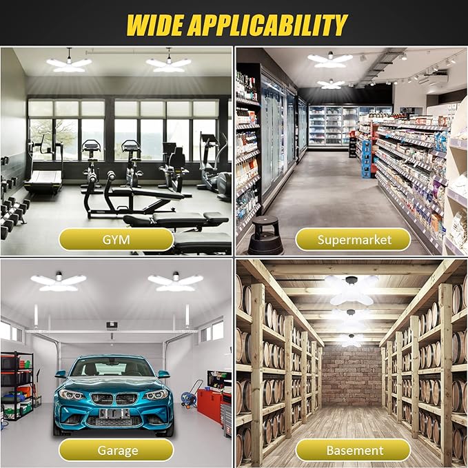 LED Garage Lights 4 Pack, 80W LED Shop Light with 4+1 Multi-Position Panels Deformable E26/E27 Ceiling Light, 6500k 8000LM Ceiling Led Daylight for Shop, Basement, Workshop, Attic, Barn