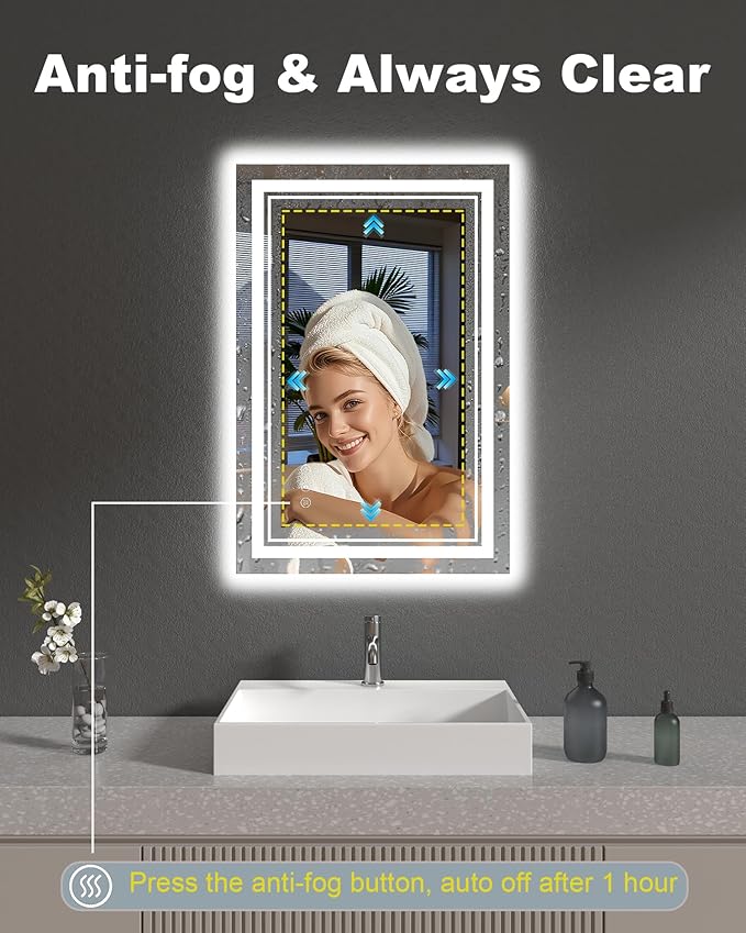 LED Mirror for Bathroom, 20x28 Inch Lighted Mirrors for Bathroom Wall with Unbreakable Tempered Glass, 3 Colors Stepless Dimmable, Super Bright 2 Front Lights + Backlit, Anti-Fog, Memory Function