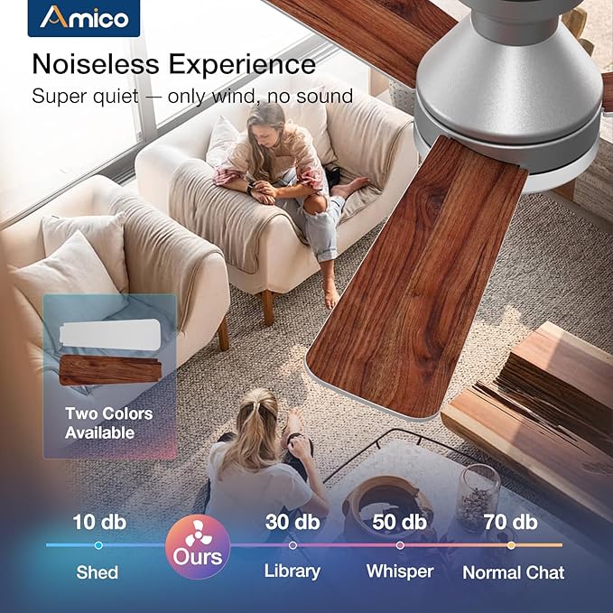 Amico Ceiling Fans with Lights, 52 inch Low Profile Ceiling Fan with Light and Remote Control, Flush Mount, Reversible, 3CCT, Dimmable, Noiseless, Silver Ceiling Fan for Bedroom, Indoor/Outdoor Use