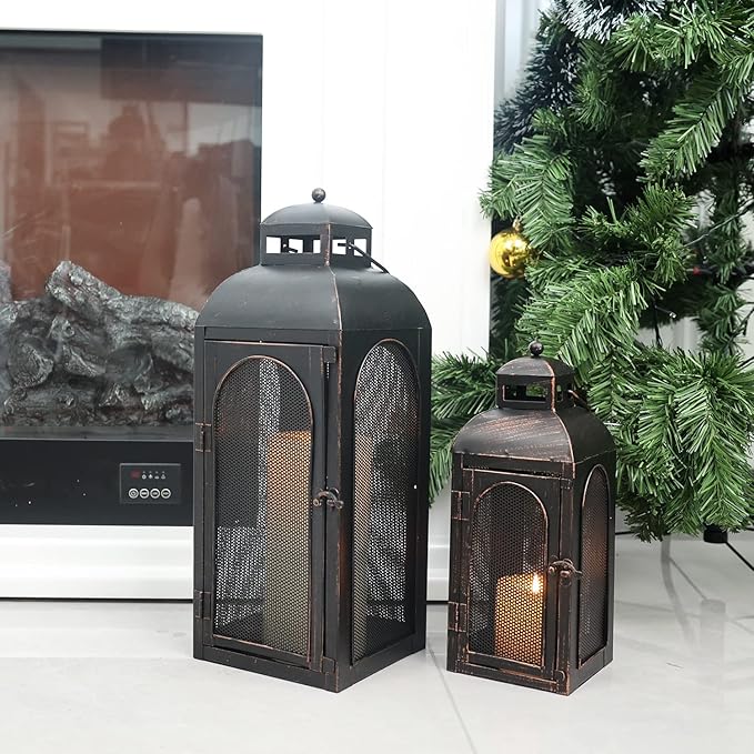 DECORKEY Luxury Lantern Decorative Outdoor & Indoor, Set of 2 (19’’&13’’) Metal Candle Lanterns Decor, Vintage Hanging Candle Holder for Front Porch Patio Wedding Farmhouse Home, Christmas Decorations