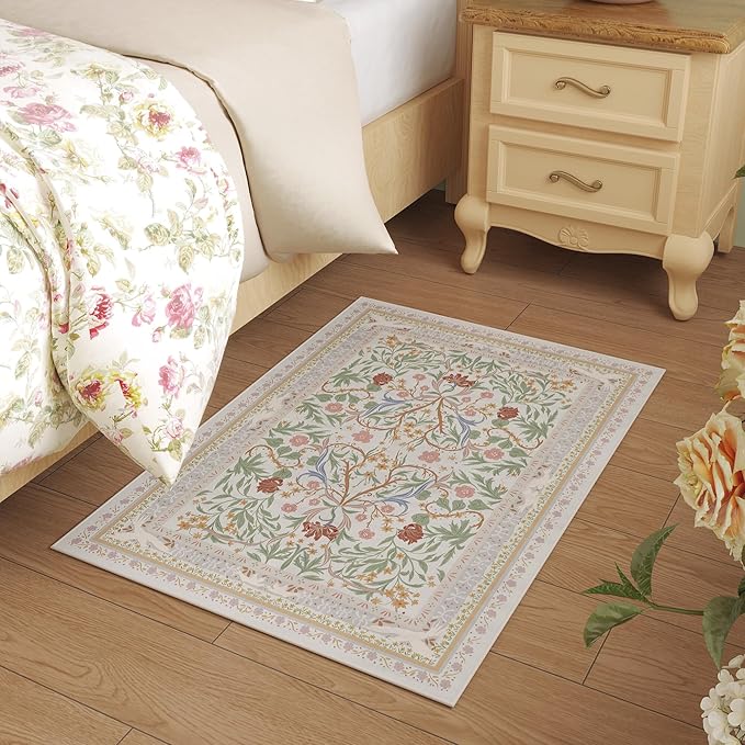 Door Mat Indoor Entrance 2x3 Rug Machine Washable Vintage Floral Botanical Small Area Rug Non-Slip Low Pile Throw Rugs for Entryway, Kitchen, Front Door Entrance, Entry, Kids Room, Beige