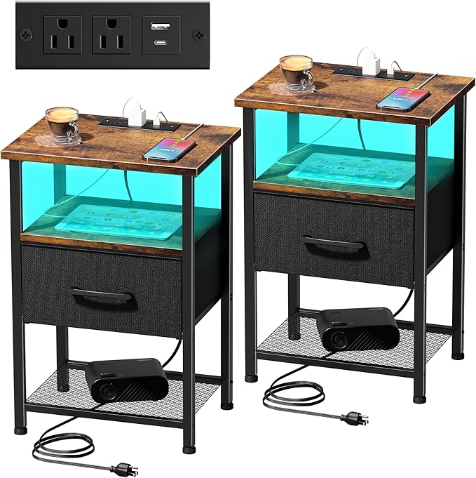 Nightstands Set of 2 with Charging Station and Drawer, End Table Bedside Table with 20 Colors LED Light Strip and 2 Layers Shelf for Bedroom Living Room (Rustic Brown)