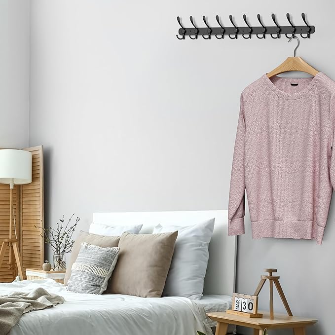 Coat Rack Wall Mount with 10 Tri Hooks, Stainless Steel 32 Inch – Black Matte Finish, Heavy Duty Wall Mounted Hook Rack for Coats, Hats, Towels, Scarfs, Robes, Bags, Entryway & Bathroom