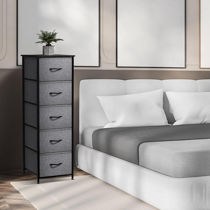 Sorbus Nightstand with 5 Drawers - Bedside Furniture & Night Stand End Table Dresser with Steel Frame, Wood Top, Easy Pull Fabric Bins for Home, Bedroom Accessories, Office & Dorm