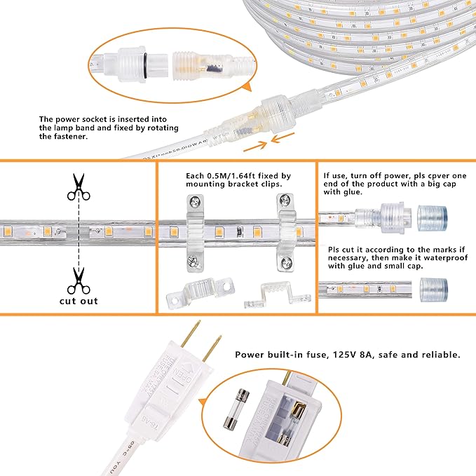 SURNIE LED Rope Lights Outdoor Waterproof Warm White, 50ft Outside Bright Lighting Cuttable Connectable Flexible 110V Cool Clear Flat 3000K, Indoor Deck Patio Christmas Camping Decor, Not Tube Rope