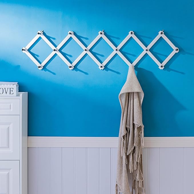 SKOLOO Accordion Wall Hanger with 16 Hooks, Modern Expandable Coat Rack Hat Rack for Wall, Solid Wooden, Black on White