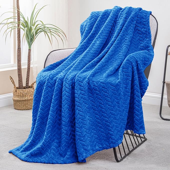 Exclusivo Mezcla Fleece Throw Blanket for Couch, 50x70 Inches Soft Cozy Jacquard Flannel Blankets, Lightweight Fuzzy Plush Warm Throws for Winter, Cobalt Blue