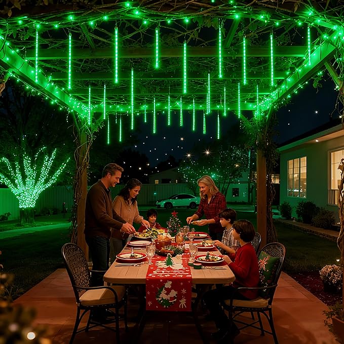 Joomer Christmas Lights Outdoor, 11.8 inch 10 Tubes 240 LED Meteor Shower Lights, LED Snow Falling Icicle Cascading Light with Timer Waterproof and Connectable for Christmas Decoration (Green)