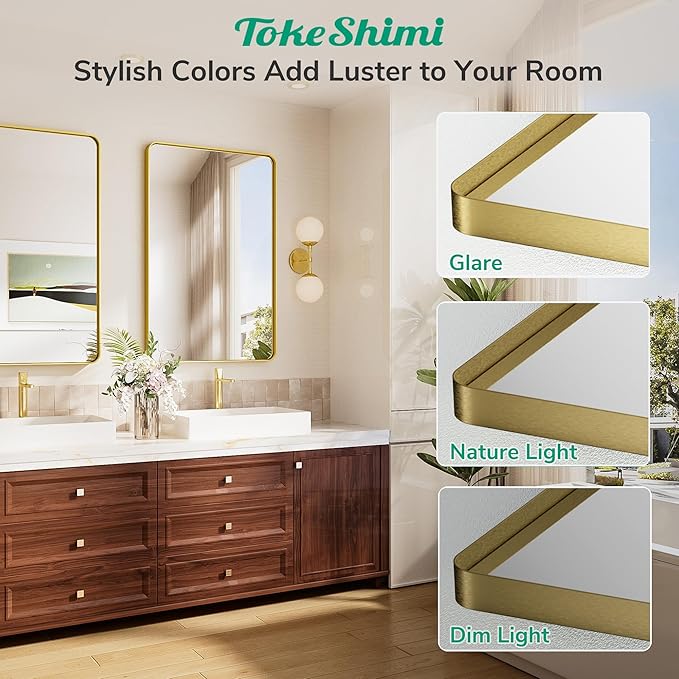 TokeShimi 30x36 Brushed Gold Mirror for Bathroom,Modern Bathroom Vanity Mirror,Tempered Glass,Gold Aluminum Framed Mirror(Horizontal/Vertical)