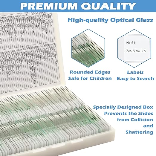 Prolee 200 Packs Microscope Slides, 100 Plants & 100 Animal Tissues Includes Labels and Case for Biological Science Education