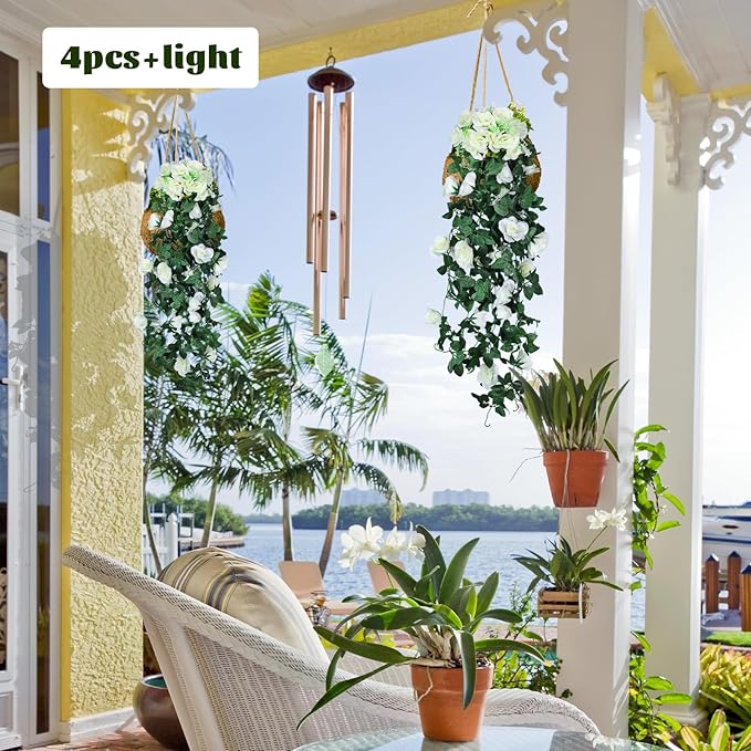 Artificial Hanging Rose Plant 4Pieces 3.3Ft Faux Ivy Plants Fake Outdoor Flowers Vines,UV Resistant for Wedding, Home, Office, Arch,Arrangement Decoration (White)