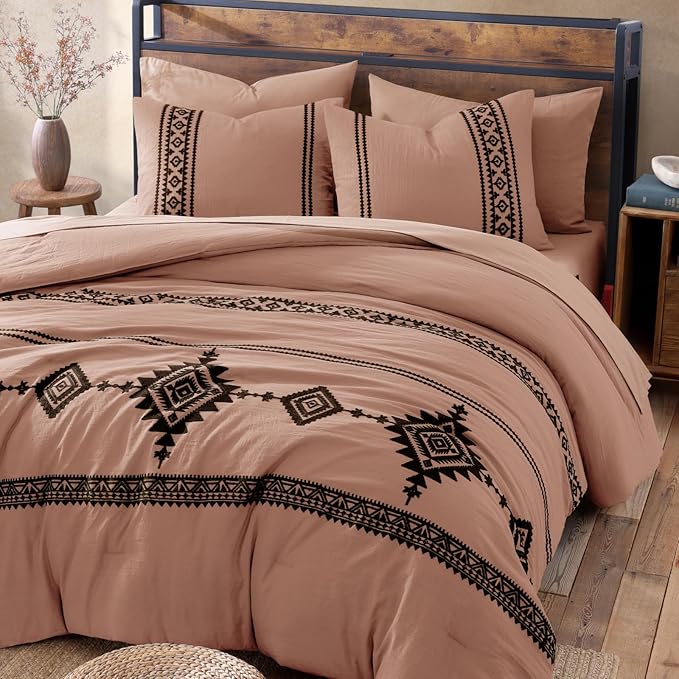 MaiRêve Embroidery King Size Comforter Set Dusty Pink, Boho Farmhouse Western Bedding Set 7 Pieces, All Season Bed in A Bag Comforter Set with Sheets, Pillowcases & Shams