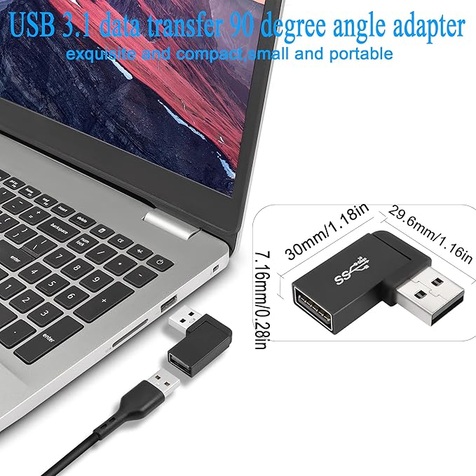 QIANRENON 90°Angle USB 3.1 Adapter 10Gbps USB 3.1 Male to Female Right Angle Connector USB A 3.1 L-Angle Converter Coupler, Support Data Transfer OTG 3A Charging, 2Pcs(Right Angle Side Bend)