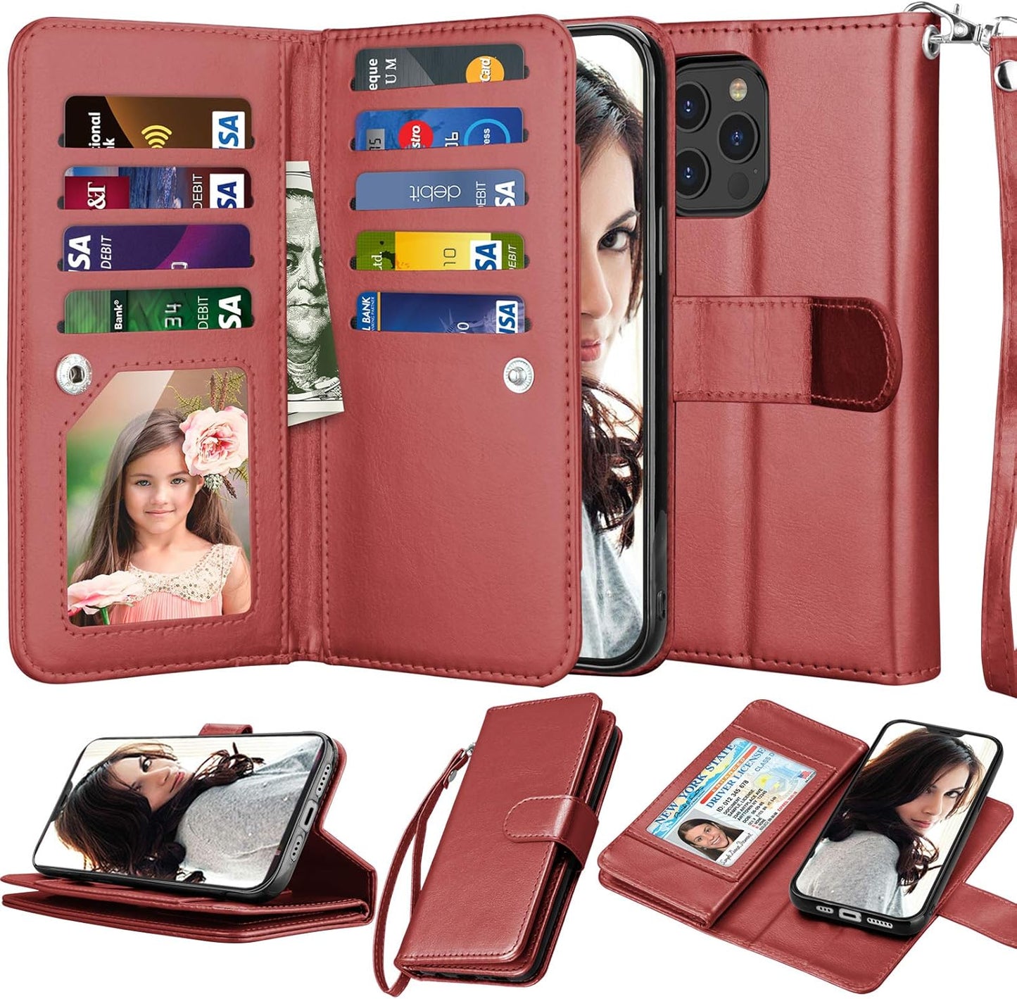 Njjex iPhone 12 Pro Max Wallet Case - 9 Card Slots, PU Leather, Detachable Kickstand (Wine Red)