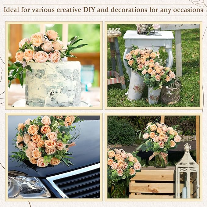 Zeyune 16 Bunches 12 Inch Artificial Mini Rose Bouquet 160 Heads Bridal Flower Bouquets Fake Silk Rose Bulk for Wedding Bridal Shower Christmas Home Office Garden Decoration(Champagne)