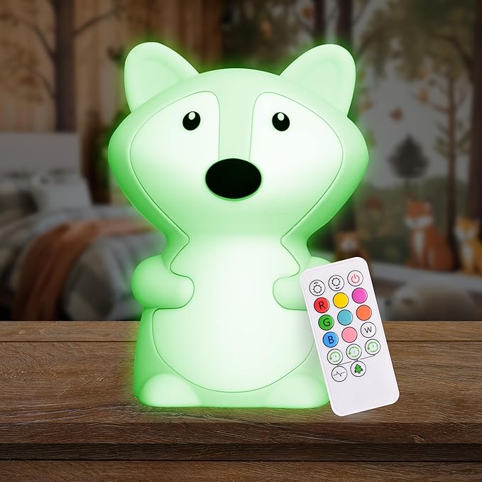 Lumipets Remote Control Silicone Night Light for Kids - Fox Design with 9 Soft Colors & Sleep Timer - Rechargeable, Battery-Operated Lamp for Bedroom | Baby Nursery, Toddler, Girls, Boys