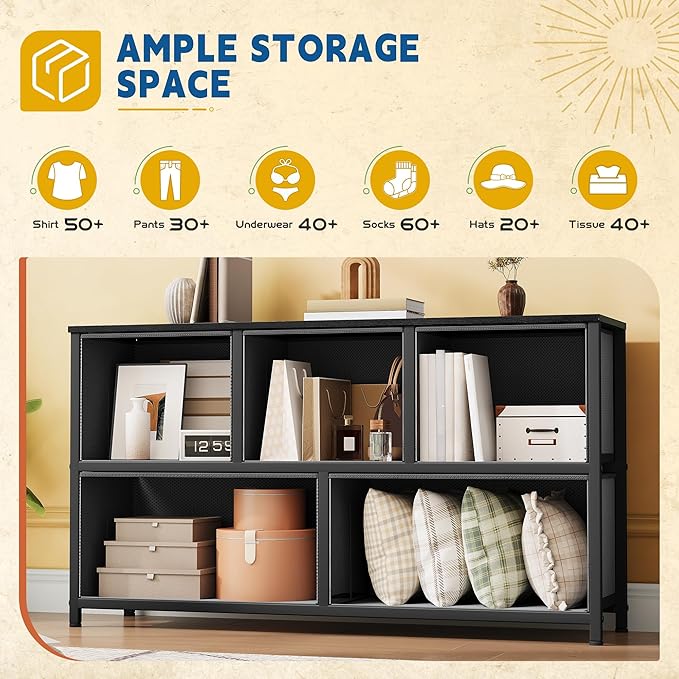 DWVO Dresser with 5 Drawers - Fabric Storage Tower, Black Dresser & Chest of Drawers, Organizer Unit for Bedroom