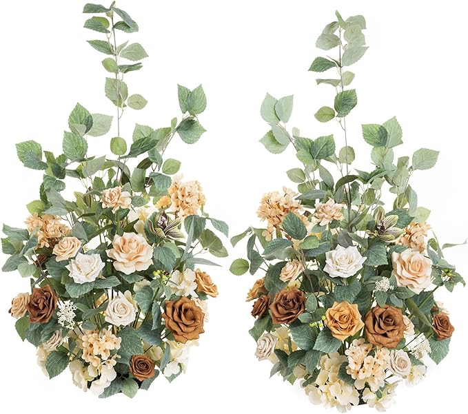 Ling’s Moment 41.0"Tall Free-standing Wedding Aisle Artificial Flowers for Ceremony Decor, 2PCS Apricot & Peach Walkway Fake Floral Chair Markers, Faux Rose Altar Arch Arrangement decorations Outdoor