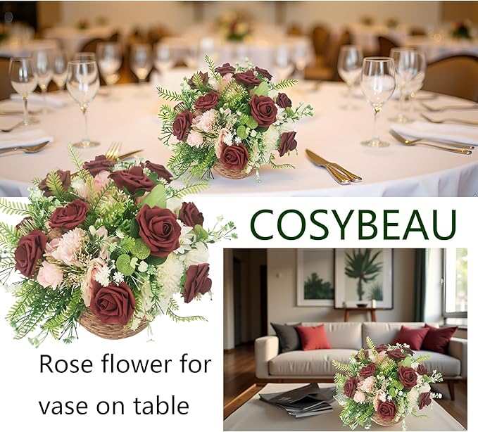 Artificial Flowers 25pcs Fake Roses, Burgundy Foam Rose Faux Flower for DIY Wedding Bouquets Bridal Shower Centerpieces Floral Arrangements Home Decorations Party Backdrops Table